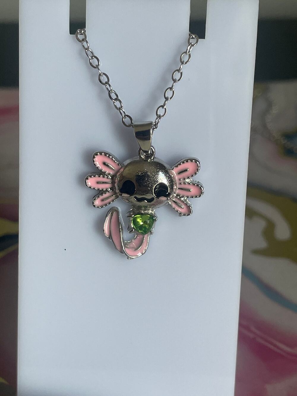 green heart  axolotl necklace